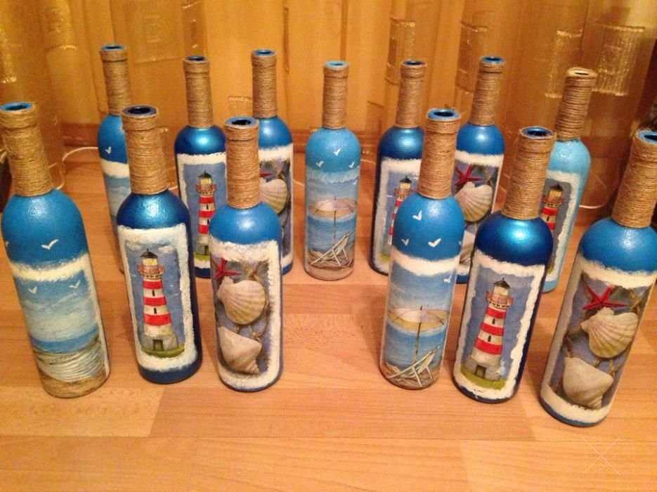Бутылки-вазы ручной работы в морском стиле