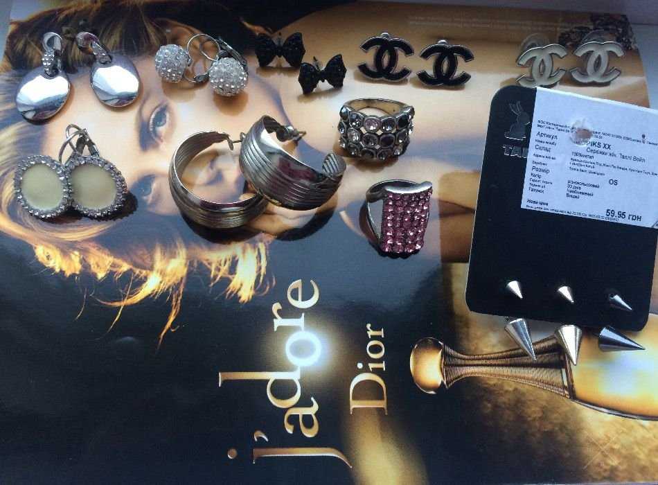 Серьги и кольца бижутерия.