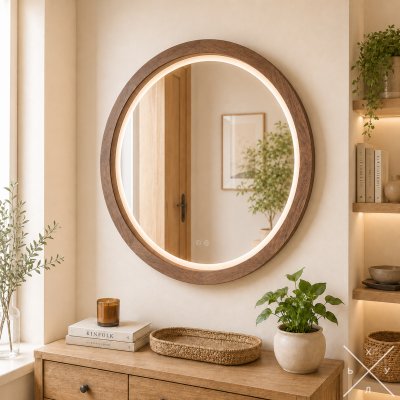 Дзеркало кругле, шпон горіх американський, LED + підігр